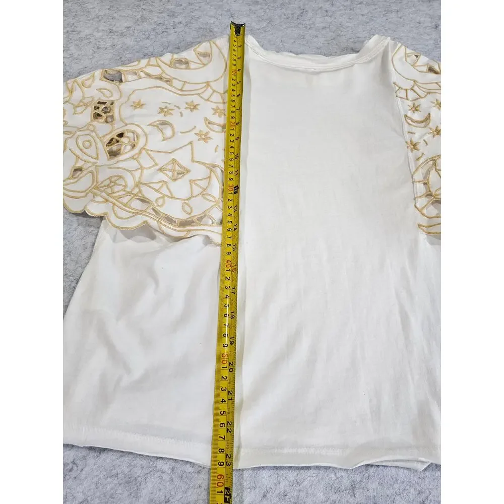 Free People Angel Tee in Ivory, Embroidered Flutter Angelic Sleeves, Sz S, NEW